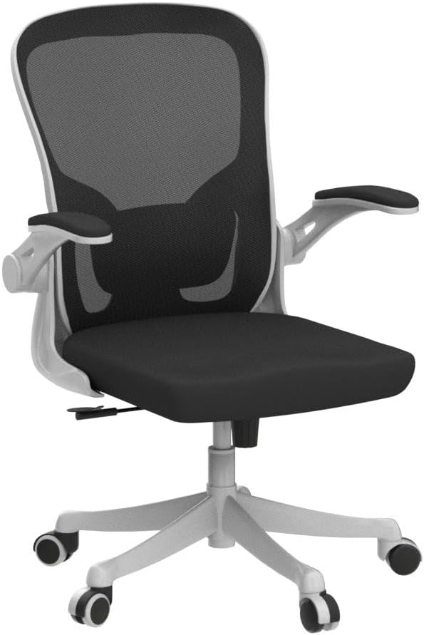 Monhey Office Chair - Ergonomic Office Chair with Lumbar Support & Flip Up Arms Home Office Desk Chairs Rockable High Back Swivel Computer Chair White Frame & Black Mesh Study Chair