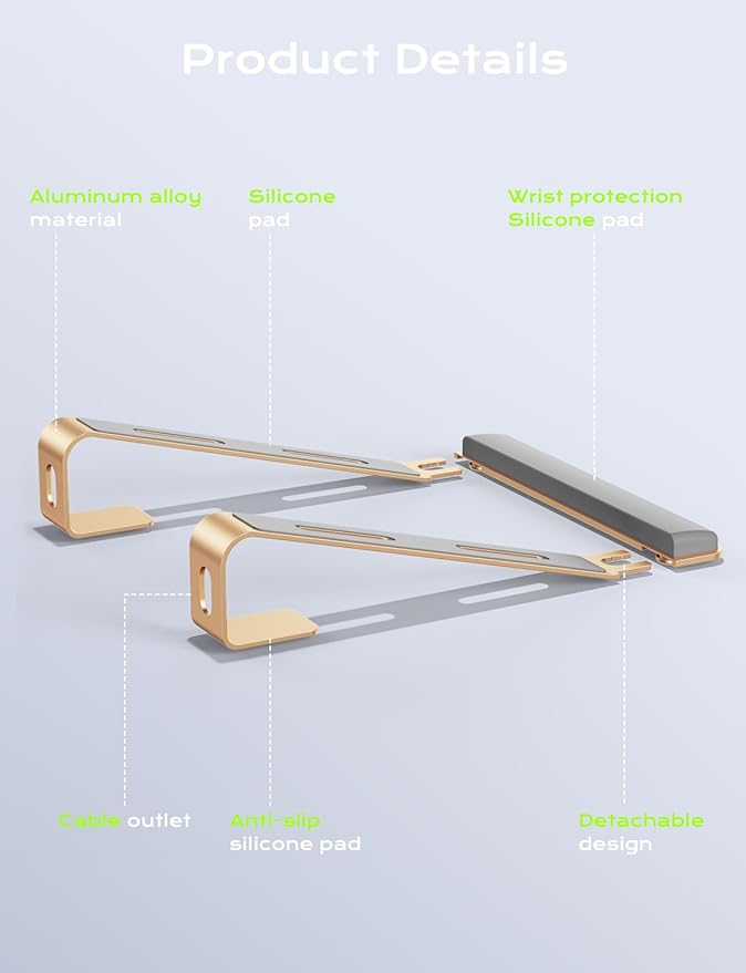 Aluminum Laptop Stand, Notebook Stand with Wrist Rest, Ergonomic Detachable Laptop Mount, Computer Stand Compatible with 10-17'' All Laptops Such as MacBook Air Pro/HP/Dell/Lenovo, Gold