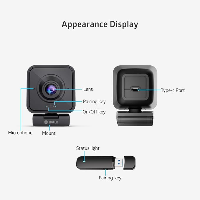 TOALLIN 1080P HD Wireless Webcam for PC, Built-in Noise-Canceling Microphone, Wireless Computer Camera for Video Conferencing, Live Streaming and Online Video Calls