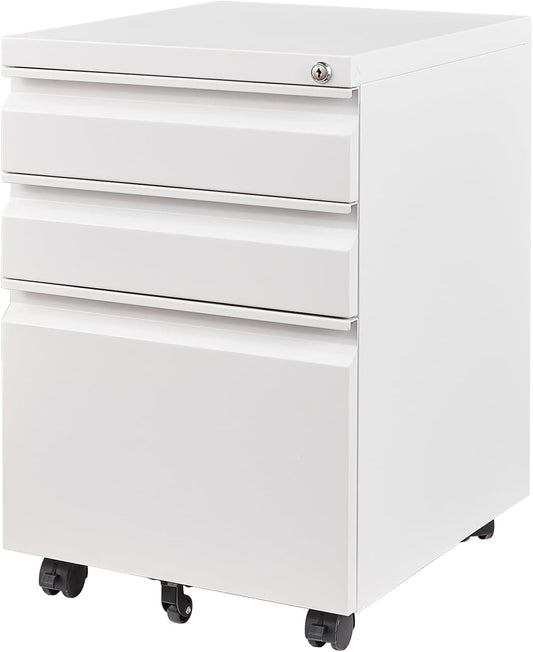Letaya 3 Drawer Mobile File Cabinet with Lock, Under Desk Metal Filing Cabinets for Home Office Organizer Letters/Legal/A4(Fully Assembled-White)