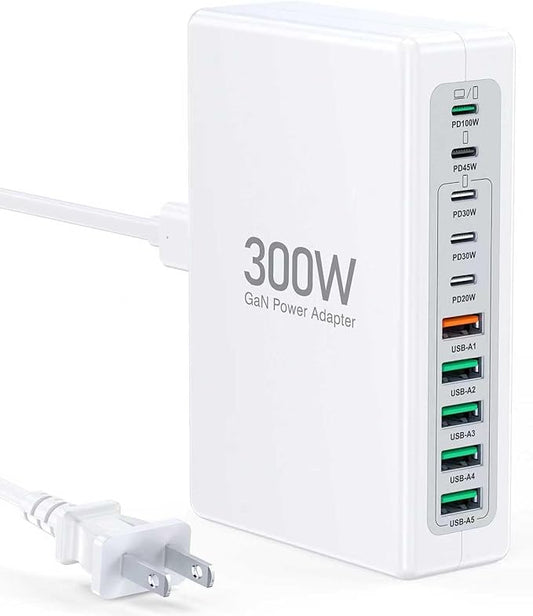 300W USB C Charging Block, 10-Port USB C Charging Station PD 100W Laptop Fast Charger Adapter for MacBook Air/Pro, iPhone16/15/14/13 Pro Max, iPad Pro, DELL, Samsung Galaxy