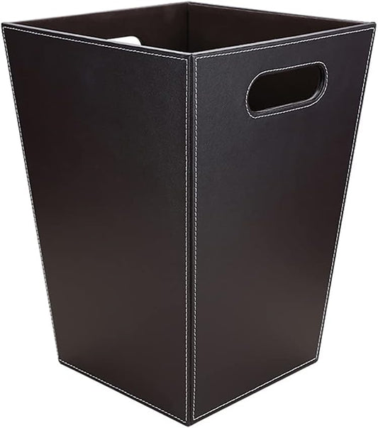 KINGFOM Classic Pu Leather Trash Can Wastebasket, Garbage Container Bin with Handles for Bathrooms, Powder Rooms, Kitchens, Home, Office and and High Class Hotel Square Brown