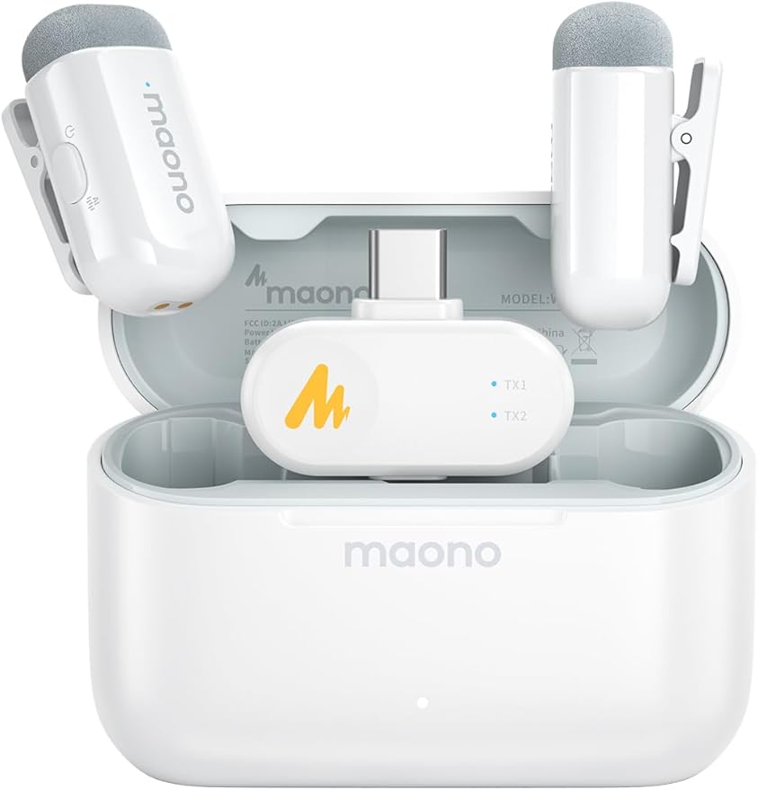 MAONO Wave T1 Mini Wireless Lavalier Microphone for iPhone 16 15 Android Tablet with USB-C Plug, Noise Cancellation, AI Voice Filter, 30H Used with Charging Case for Video Recording TikTok-White