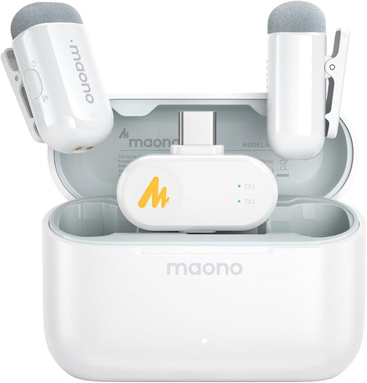 MAONO Wave T1 Mini Wireless Lavalier Microphone for iPhone 16 15 Android Tablet with USB-C Plug, Noise Cancellation, AI Voice Filter, 30H Used with Charging Case for Video Recording TikTok-White