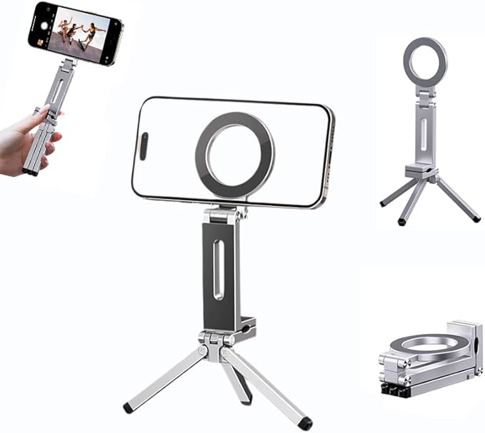Esimen Magnetic Phone Tripod Stand for iPhone 16/15/14/13/12 Series, Foldable Pocket-Size Alloy Holder with 360° Rotation, Strong MagSafe Grip, 1/4" Screw Mount, Portable Desk & Travel Vlog Stand