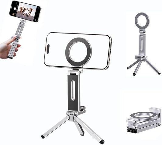 Esimen Magnetic Phone Tripod Stand for iPhone 16/15/14/13/12 Series, Foldable Pocket-Size Alloy Holder with 360° Rotation, Strong MagSafe Grip, 1/4" Screw Mount, Portable Desk & Travel Vlog Stand