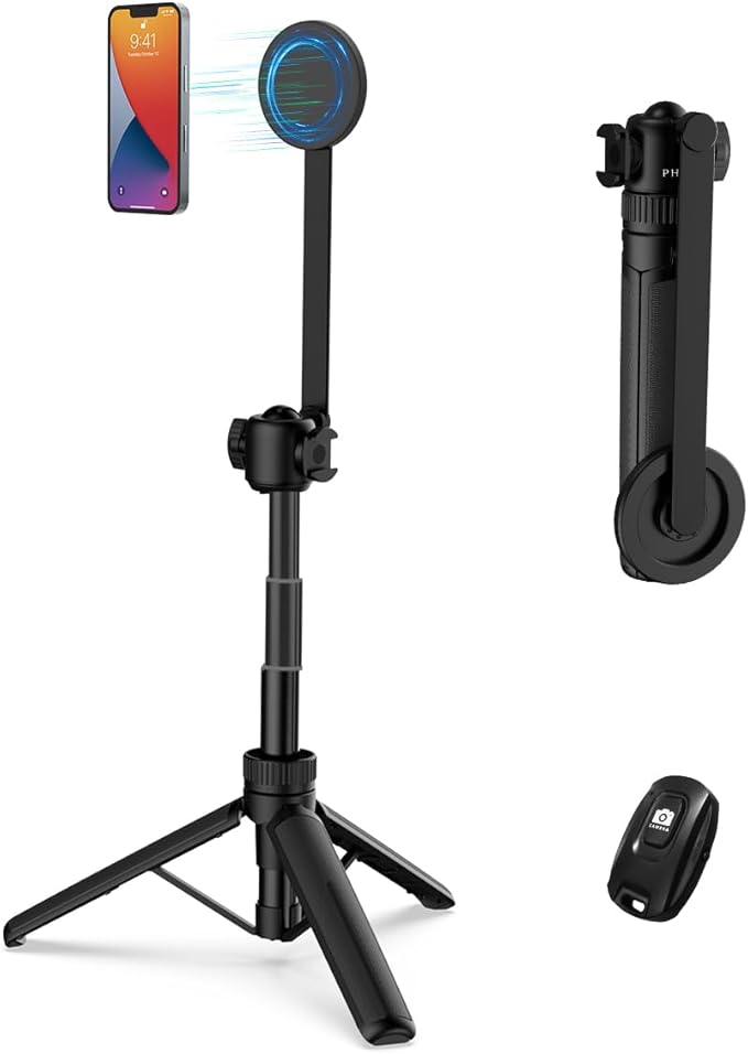 PHOPIK 35" Magnetic Selfie Stick Phone Tripod, Extendable Phone Tripod with Cold Shoe and Remote,Compatible with iPhone/Android/Sport Camera Perfect for Video Recording/Selfies/Insta360 x5（Black）