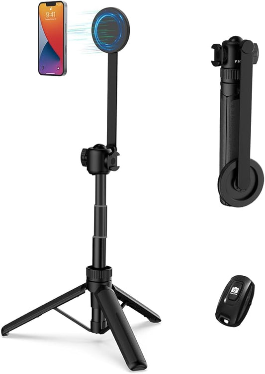 PHOPIK 35" Magnetic Selfie Stick Phone Tripod, Extendable Phone Tripod with Cold Shoe and Remote,Compatible with iPhone/Android/Sport Camera Perfect for Video Recording/Selfies/Insta360 x5（Black）