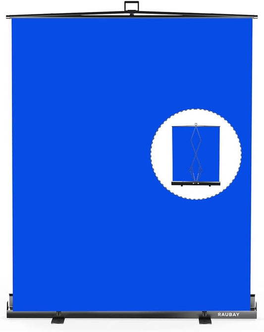【Easy Set Up】 RAUBAY 59.8 x 82.7in Collapsible Blue Screen Backdrop Portable Retractable Chroma Key Panel Photo Background with Stand for Video Conference, Photographic Studio, Streaming