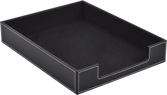 Leather 1-Layer Letter Tray Stackable File Document Tray,A4 Paper Case Rack Desk Office Supplies Organizer Holders,Desktop Organization, Pen Mail Magazine Storage Box(Black)