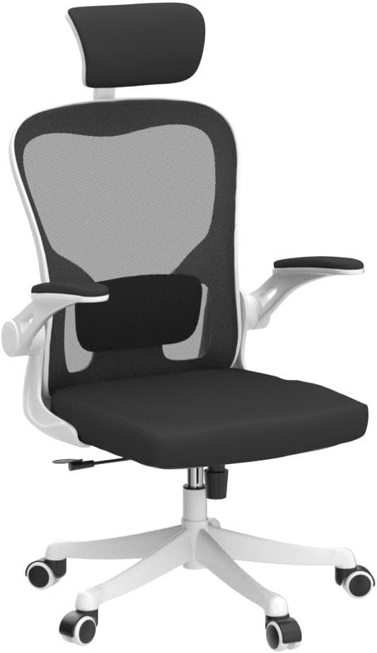 Monhey Office Chair, Ergonomic Office Chair with Lumbar Support & 3D Headrest & Flip Up Arms Home Office Desk Chairs Rockable High Back Swivel Computer Chair White Frame Black Mesh Study Chair