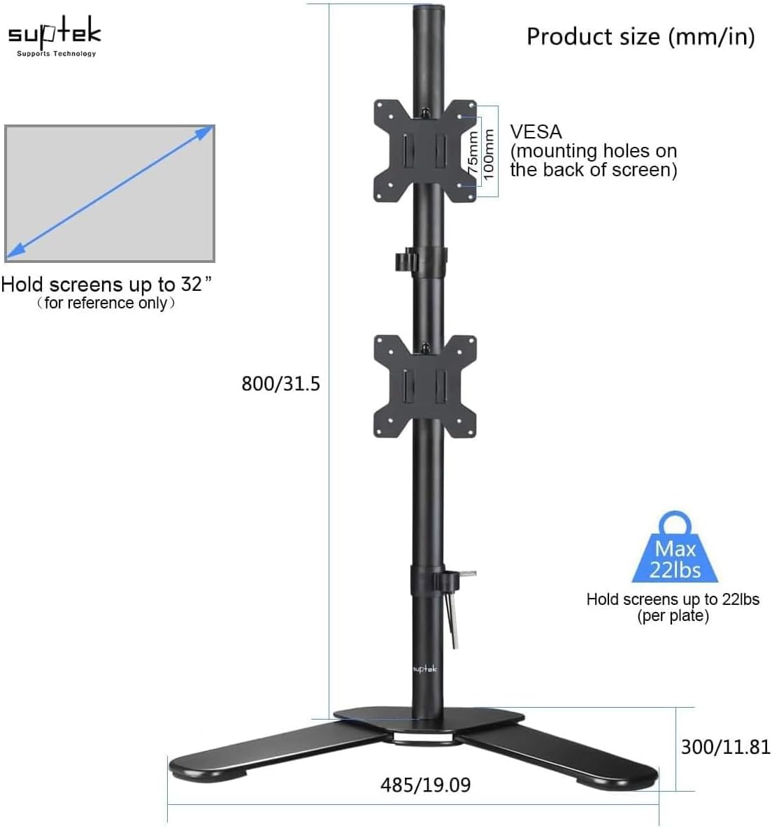 Suptek Dual LED LCD Monitor Stand up Free-Standing Desk Mount for 2 / Two Screens up to 32 inch Extra Tall 31.5 inch Pole Heavy Duty Fully Adjustable Stand Vertical Array (ML6802)
