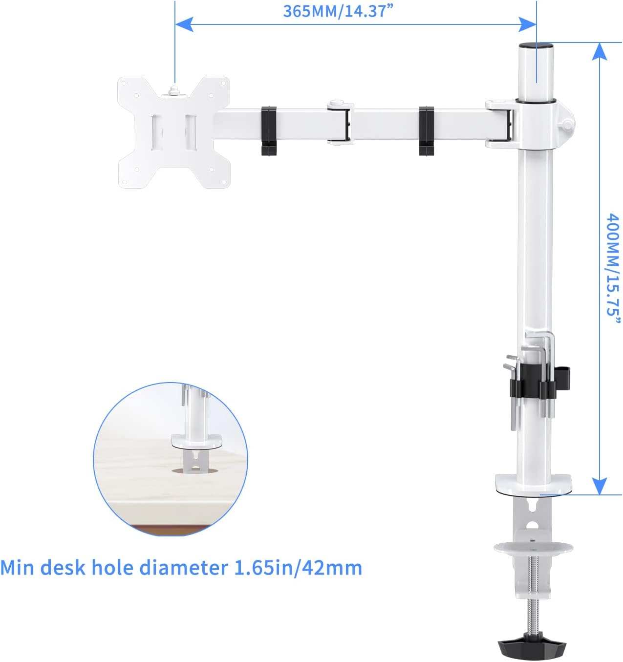 Suptek Single Monitor Arm Desk Mount Fully Adjustable Monitor Stand for 1 / One Screen up to 13" to 32" Extra Tall 15.75 inch Pole,VESA 75x75mm or 100x100mm,White (MD9421W)