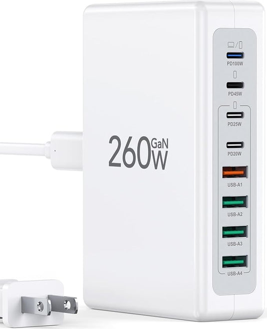 2025 Latest Charging Station, 260W USB C Charger Block, GaN III 8-Port Fast Type C Charging Hub, 100W Laptop Power Adapter for MacBook Pro/Air, Dell XPS, Steam Deck, iPad Pro, iPhone 16/15, Galaxy S25