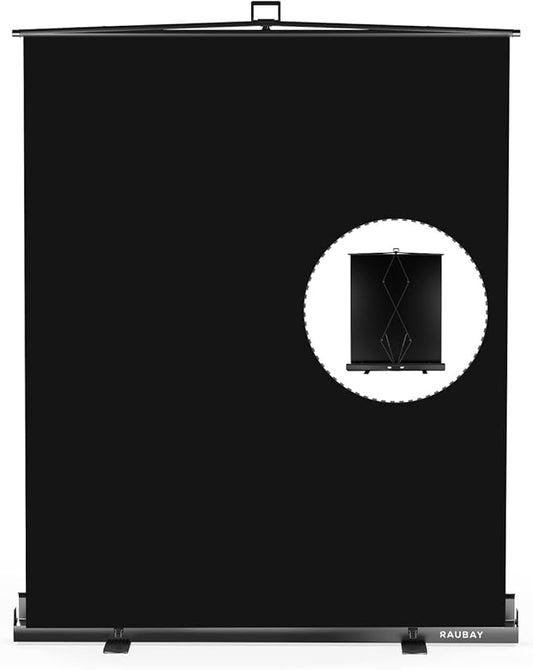 【Easy Set Up】 RAUBAY 59.8 x 82.7in Collapsible Black Backdrop Screen Portable Retractable Panel Photo Background with Stand for Video Conference, Photographic Studio, Streaming