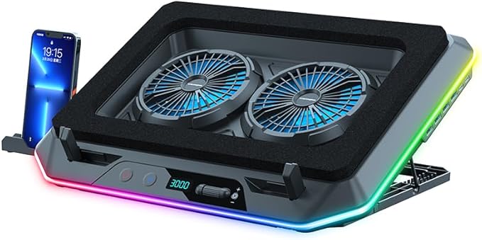 RGB Gaming Laptop Cooling Pad with Two Turbo Fan, Rapid Cooling for 15.6-19.3" Laptops, Variable Speed Control, 6 Adjustable Heights A5