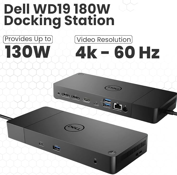 Dell WD19 Docking Station Bundle with USB-C and Dual Monitor Support - Full Package w/Dell WD19 Universal Dock, 180W Power Adapter, Thunderbolt 3 & Ethernet Cable, Cleaning Cloth (Renewed)