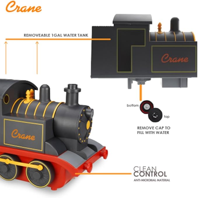 Crane Cool Mist Ultrasonic Baby Humidifier for Nursery and Kids Room, Auto Shut Off 1 Gallon, Optional Filter, Playful Design, Train