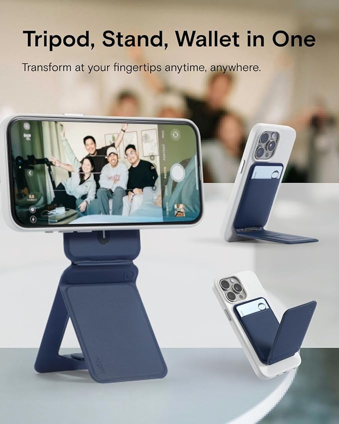 MOFT Phone Tripod Wallet, 3 in 1 Phone Stand, NFC-Supported Magnetic Phone Wallet, MOVAS Vegan Leather Adjustable Card Holder, Navy Blue