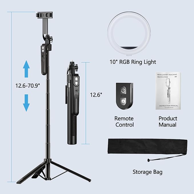 Auto Face Tracking 360 Rotation with 10" RGB Ring Light, Phone Tripod & Selfie Stick with Remote for Cell Phone 4"-7", Motion Sensor for Live Stream Vlog Video Recording