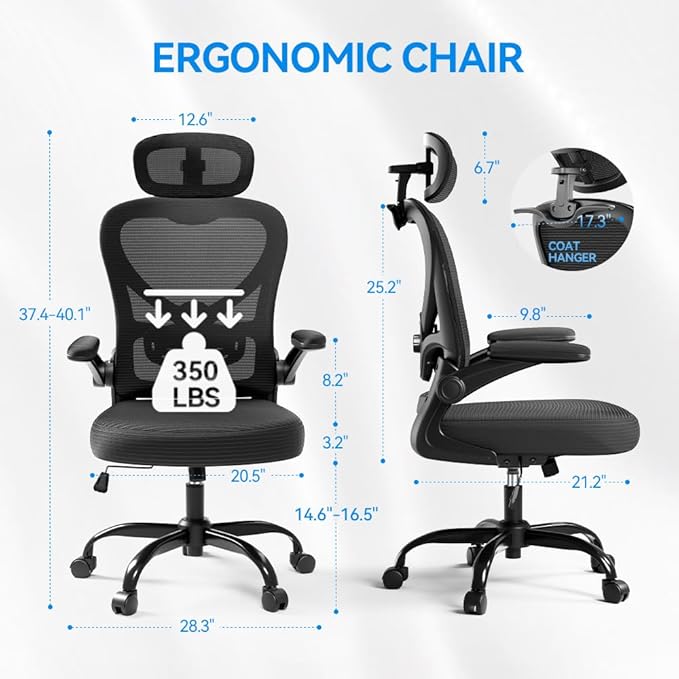 Ergonomic Office Chair with Headrest 3D, Mesh Office Desk Chair with Adjustable Lumbar Support, Computer Chair with Flip up Armrests, 350LBS Capacity - Design for Home/Offices - Black