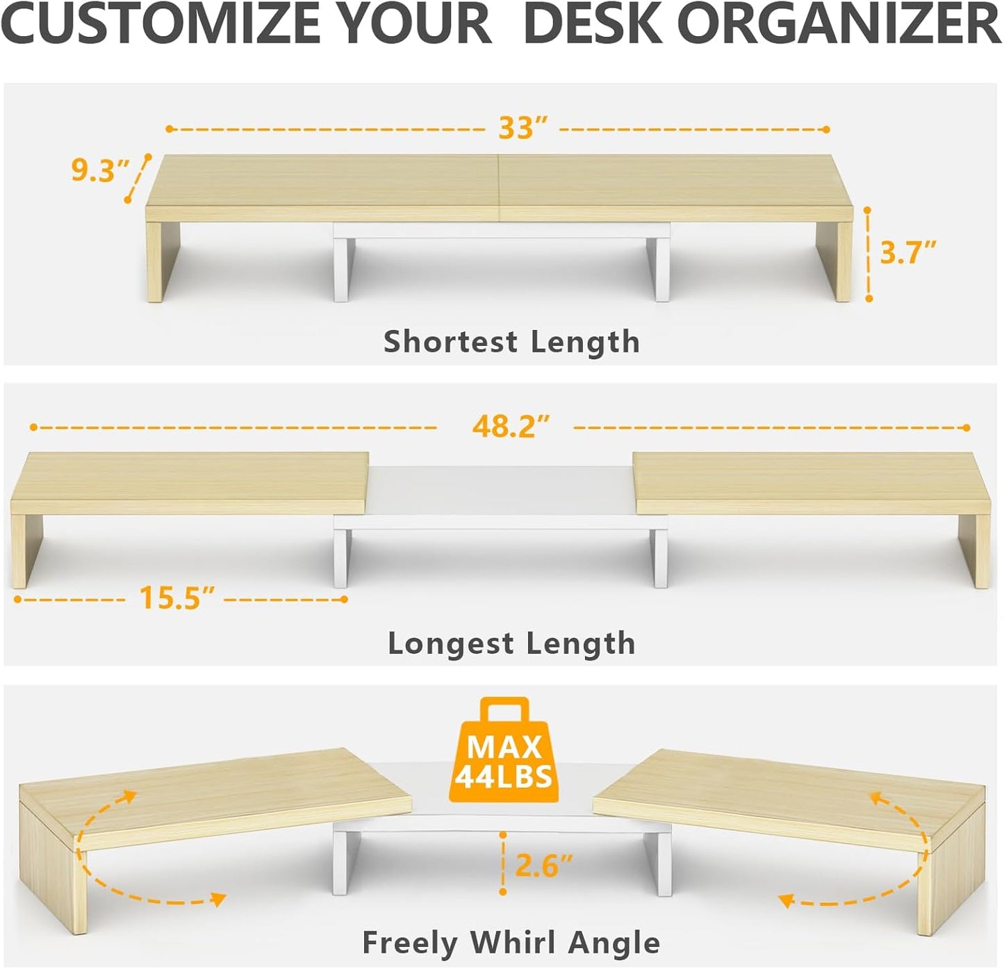 TAVR Dual Monitor Stand Riser, Computer Monitor Stands for 2 Monitors, Extra Long Multifunctional Desktop Organizer Riser for Computer, Laptop, PC, Printer, TV, Max 48.2" Length, Oak