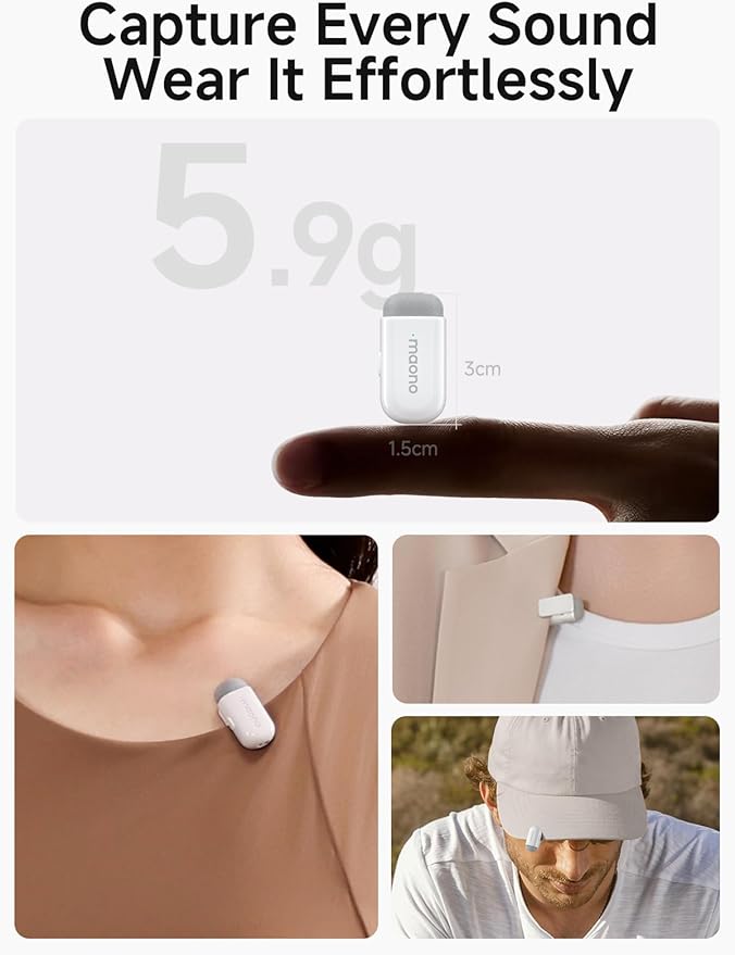 MAONO Wave T1 Mini Wireless Lavalier Microphone for iPhone 16 15, Android, Tablet, PC, Clip on Lapel Mic with USB-C Plug, Noise Cancellation, AI Voice Filter for Video Recording Vlog TikTok-White