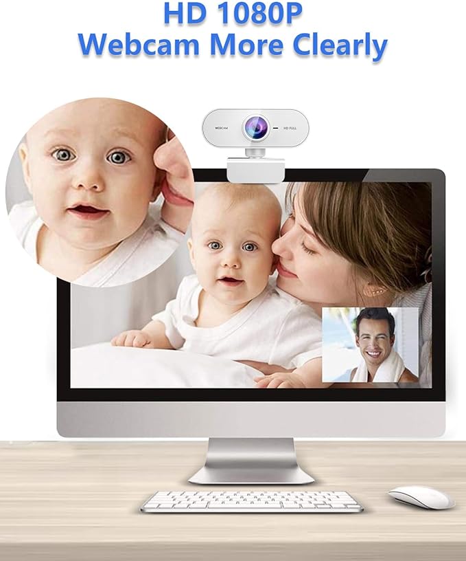Webcam for pc with Microphone,Full HD 1080P White Streaming Web Cam for Mac Laptop, Mini USB C External Clip Computer Camera for Desktop,Cheap Facecam for Video Conference,Gaming Skype Meeting Teams