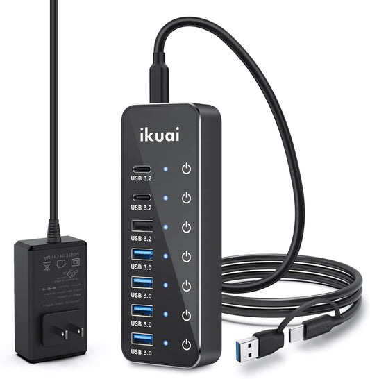 Powered USB Hub, ikuai 7-Port USB 3.2 / USB C Hub, with 3 10Gbps Data Ports (2 USB-C + 1 USB-A) and 4 USB A 3.0 Ports for PC Laptops