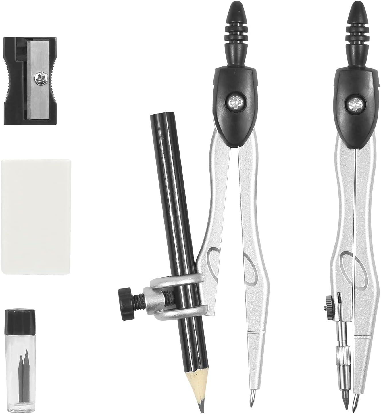 Math Geometry Kit Sets 10 Piece Student Supplies with Shatterproof Storage Box,Includes Rulers,Protractor,Compass,Eraser,Pencil Sharpener,Lead Refills,Pencil,for Drafting and Drawings（Black）