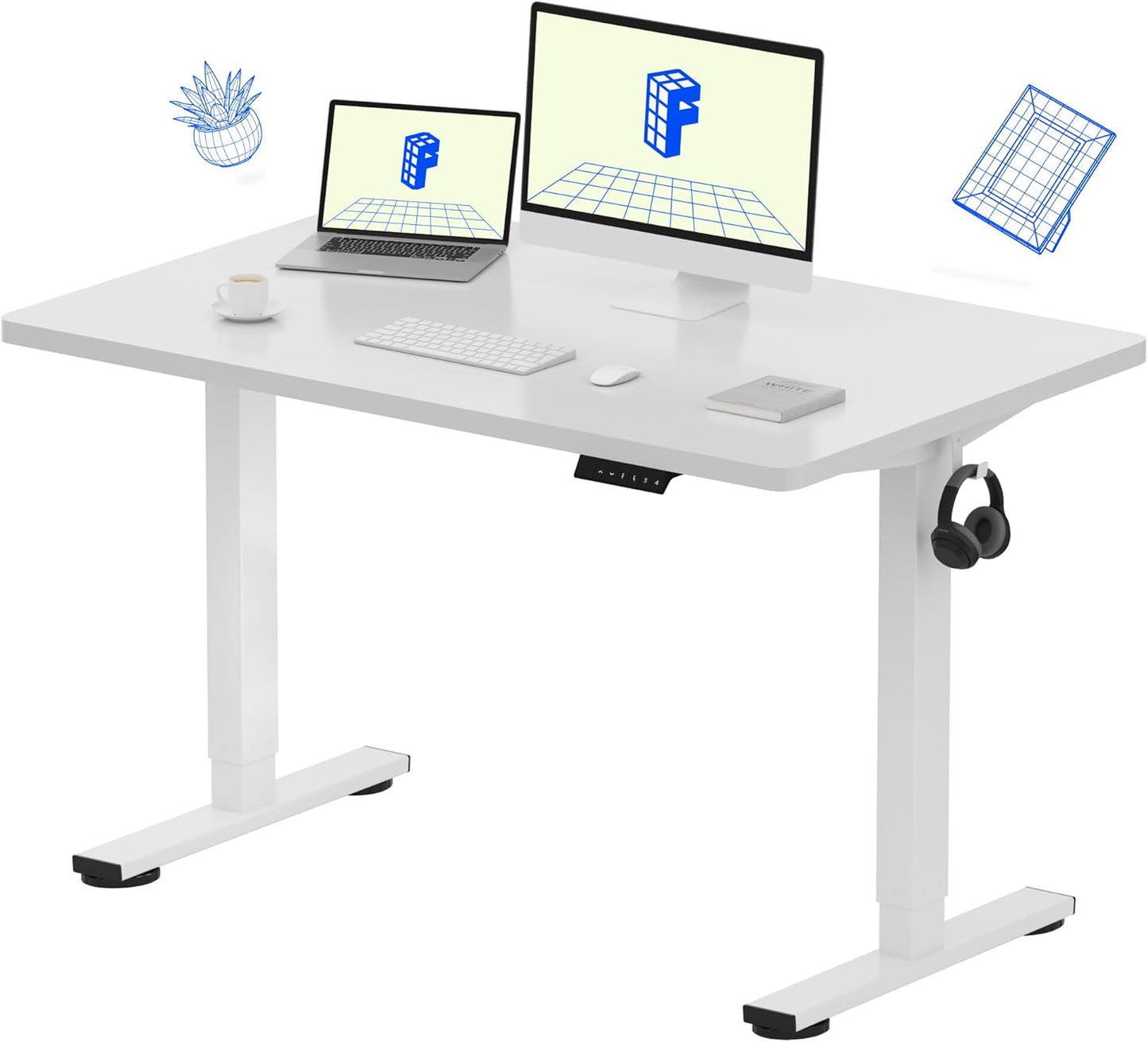 FLEXISPOT EN1 One-Piece Standing Desk 48 x 30 Inch Desktop Adjustable Height Electric Desk for Home Office and Computer Workstation (White Frame + White Top, 2 Packages)