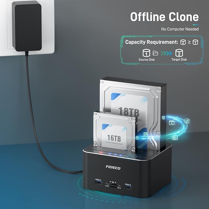 FIDECO Hard Drive Docking Station, USB 3.0 Aluminum Hard Drive Docking Stations 2.5"/3.5" SATA HDD SSD, TF Card Reader and SD Card Reader, Offline Clone Support