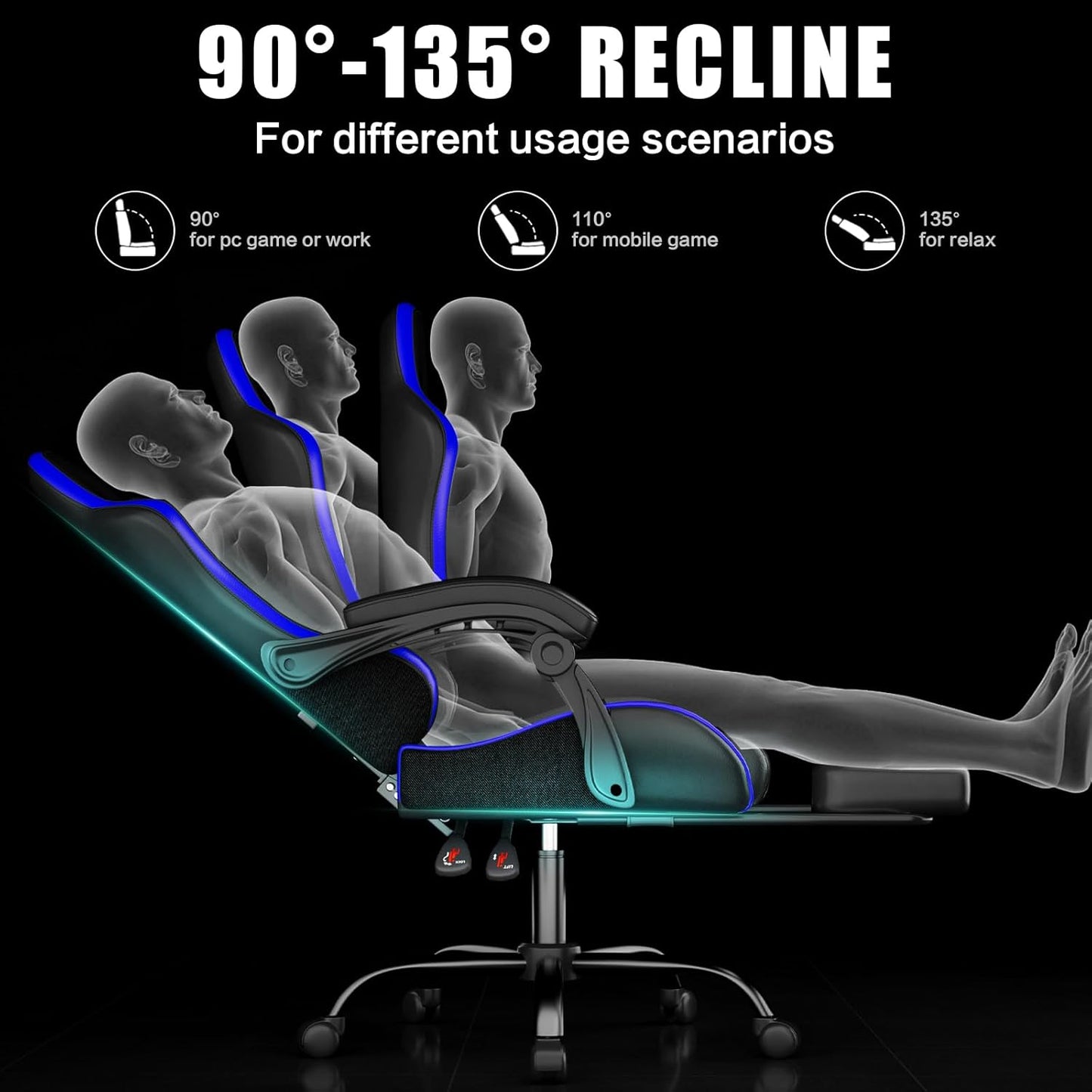 Gaming Chair, Ergonomic Office Computer Chair with Footrest and Lumbar Support Massager Racing Style High Back Video Gamer Chair, Wide＆Thick Cushion, 90°-135° Recline, Adjustable Height, Blue