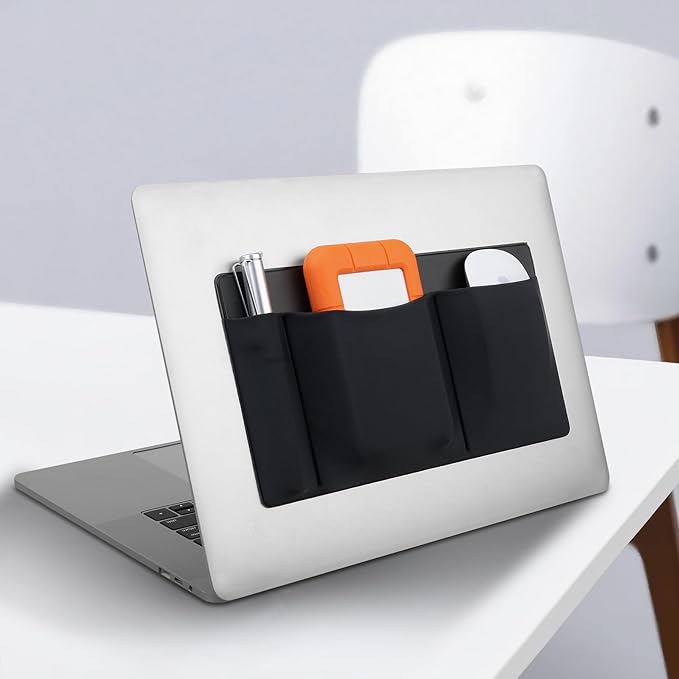 Lacdo 3-Pocket Mouse Holder for Laptop Stick on, External Hard Drive SSD Holder for Laptop, Stick on Pouch Organizer Adhesive Pocket Storage Sleeve for Mouse/HDD/SSD/Cables, Computer Accessories,Black