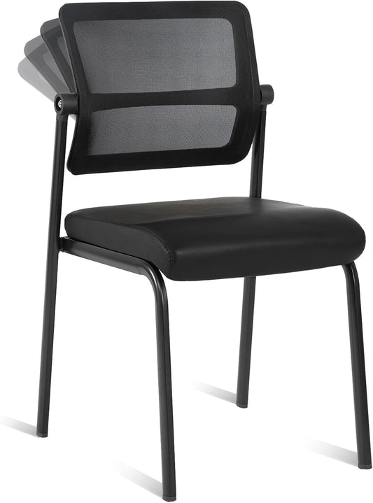 CLATINA Stackable Waiting Room Chair with Adjustable Mesh Backrest, Armless Office Guest Reception Chairs with Leather Cushion and Ergonomic Lumbar Support for Conference Lobby Side School, Black
