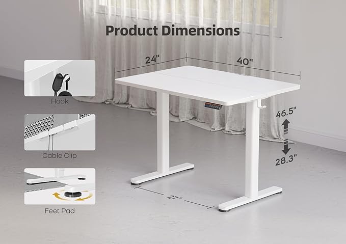 YDN Electric Standing Desk Adjustable Height, 40 x 24 Inches Stand up Desk with Cable Management, Home Office Desks with Splice Board & White Frame, White Top