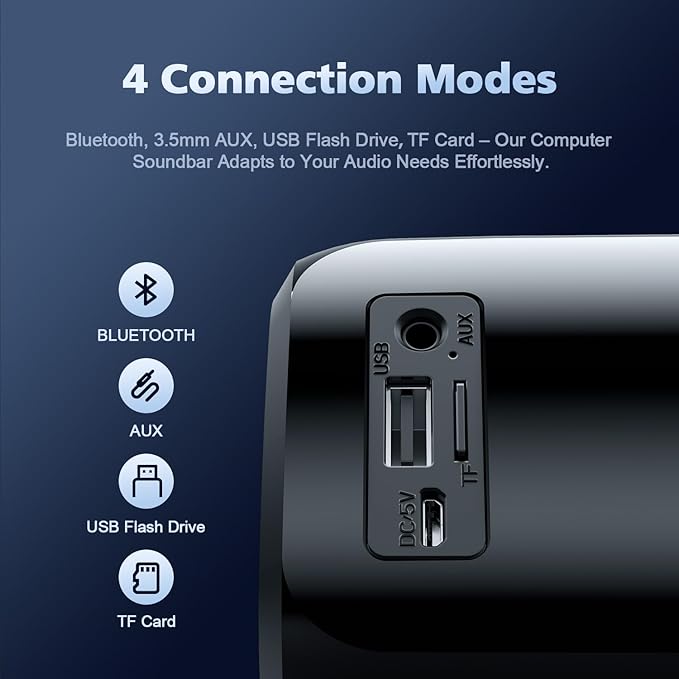 Computer Speakers for Desktop PC, HiFi Stereo Poratble 5.3 Bluetooth Computer Speakers, Computer Sound bar, 3.5mm Aux-in Pc Soundbar with Deep Impactful Bass, Gaming Speakers for PC,Laptop,Tablet