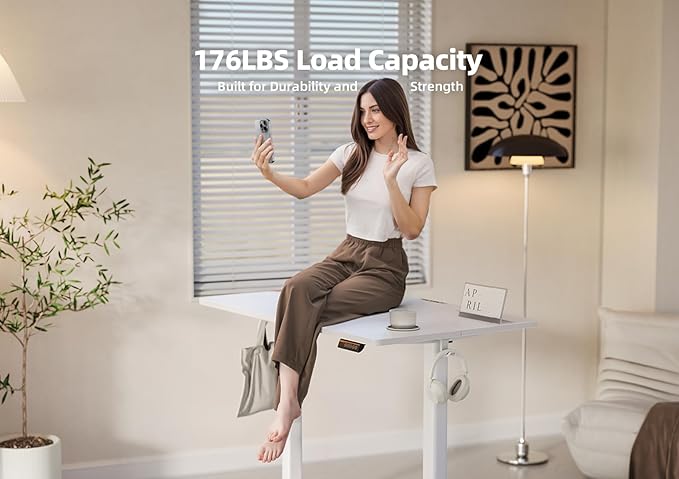 YDN Electric Standing Desk Adjustable Height, 48 x 24 Inches Stand up Desk with Cable Management, Home Office Desks with Splice Board & White Frame, White Top