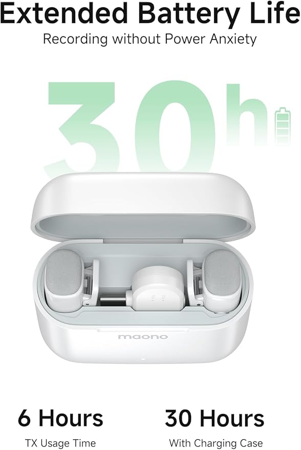 MAONO Wave T1 Mini Wireless Lavalier Microphone for iPhone 16 15 Android Tablet with USB-C Plug, Noise Cancellation, AI Voice Filter, 30H Used with Charging Case for Video Recording TikTok-White