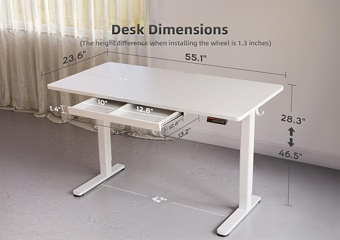 YDN Standing Desk with Drawers, 55 x 24 Inch White Standing Desks Electric Adjustable Height Desk for Computer Workstations, White