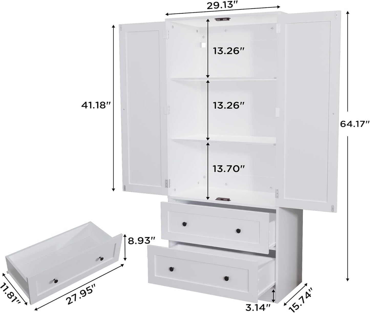 64.2" Tall White Kitchen Pantry, Storage Cabinet with Doors and Drawers, Freestanding Wooden Organizer for Kitchen, Dining Room