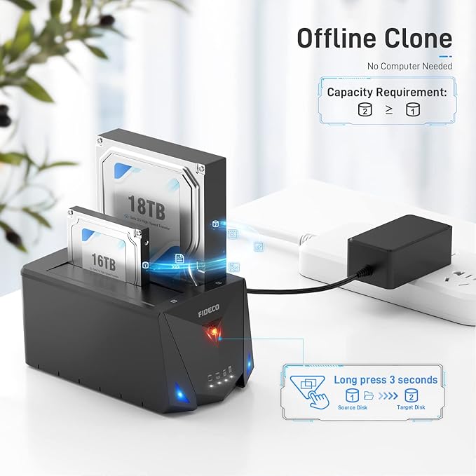FIDECO USB 3.2 Gen 1 to Hard Drive Docking Station, Hard Drive Dock for 2.5 or 3.5 inch SATA I/II/III HDD SSD with Hard Drive Duplicator/Offline Clone Function and 2 USB Cables, Support UASP