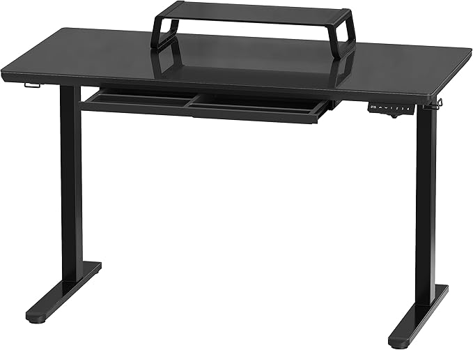 SHW 48x24 Glass Electric Height Adjustable Standing Desk – Motorized Sit Stand Desk with Monitor Riser, Pull-Out Drawer, Memory Presets, Black