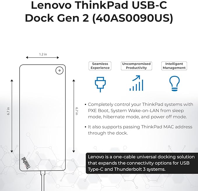 Lenovo 40AS0090USThinkpad Docking Station - Supports 4K Display, 1 Year Warranty, USB C Gen 2 Dock with 90W Adapter + 4K HDMI Cable + USB-C Cable + 4K DisplayPort Cable + Microfiber Cloth (Renewed)