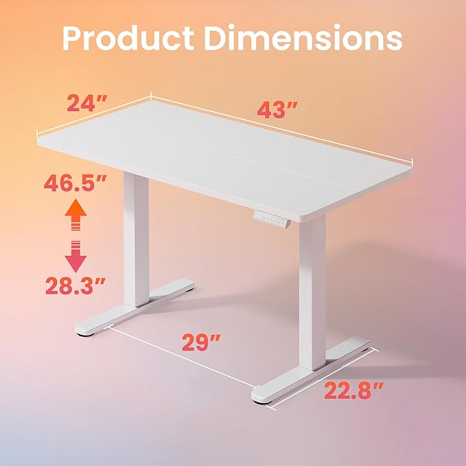 HUANUO 43 x 24 inch Electric Standing Desk Adjustable Height, 4 Memory Height Settings, Sit Stand Up Desk for Home Office & Computer Workstation, White