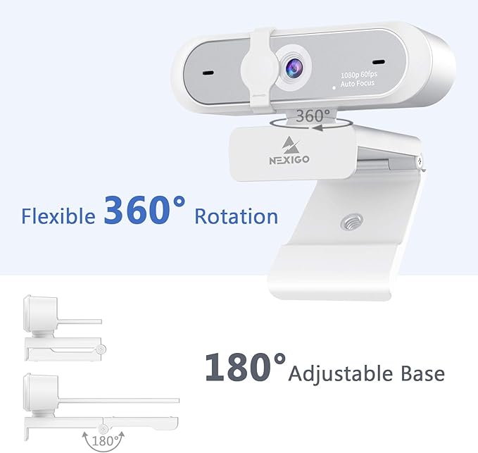 NexiGo N660P 1080P 60FPS Webcam with Software Control, Dual Microphone & Cover, Autofocus, HD USB Computer Web Camera, for OBS/Zoom/Skype/FaceTime/Teams/Twitch, White