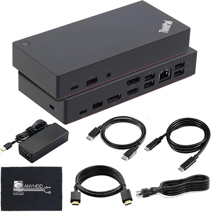 Lenovo 40AS0090USThinkpad Docking Station - Supports 4K Display, 1 Year Warranty, USB C Gen 2 Dock with 90W Adapter + 4K HDMI Cable + USB-C Cable + 4K DisplayPort Cable + Microfiber Cloth (Renewed)