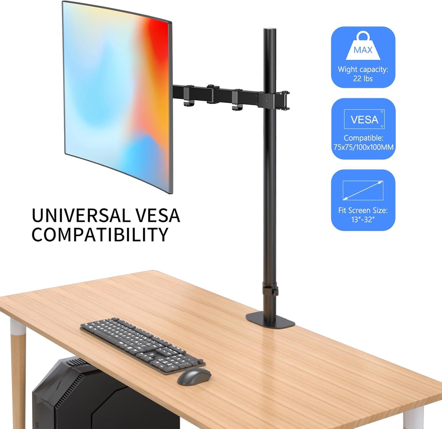Pholiten Extra Tall Single Monitor Desk Mount Stand with 31.5inch Pole for 13 to 32 inch Screens,Fully Adjustable Monitor Arm Mount for Desk,Holds up to 22lbs
