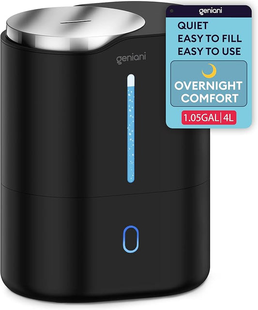 GENIANI Ultrasonic Cool Mist Humidifier for Bedroom, Large Rooms, Home, 4L - Easy Fill & Clean Humidifier for Plants w/Auto Shut-off, 40H Runtime - Quiet, Top Fill Air Humidifier & Vaporizer for Baby