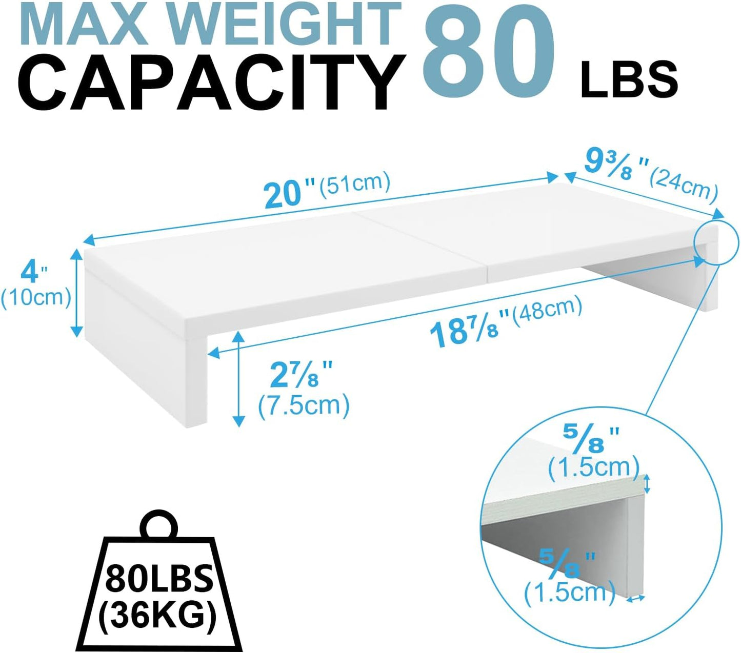 TEAMIX 20 inch White Monitor Stand Riser, Wood Desktop Stand for PC/TV/Laptop/Printer, White Monitor Riser with Storage, Computer Stand with Keyboard Organizer